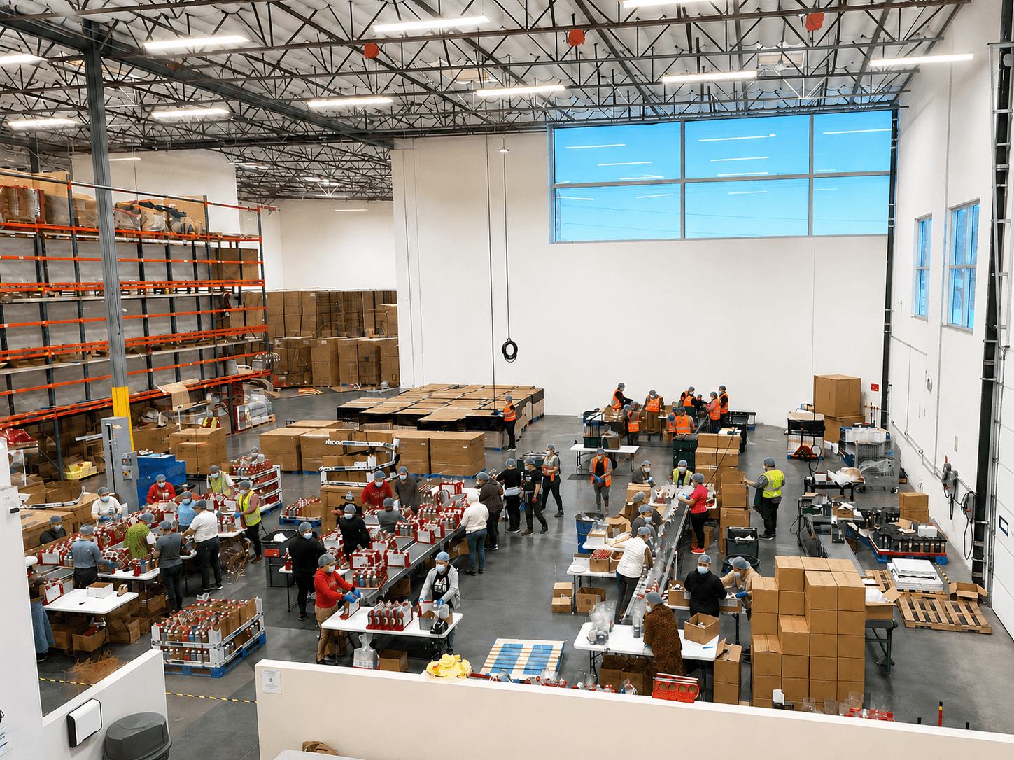 Aerial of A1 production floor at peak — multiple assembly stations and staff