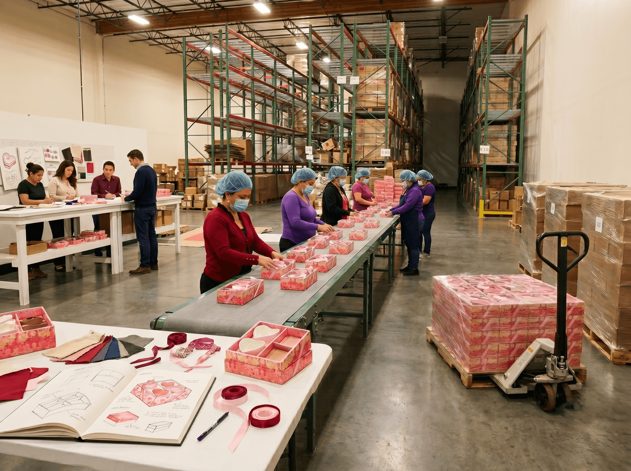 Concept-to-shipment in one frame — design bench, active assembly line, and finished pallet under one roof