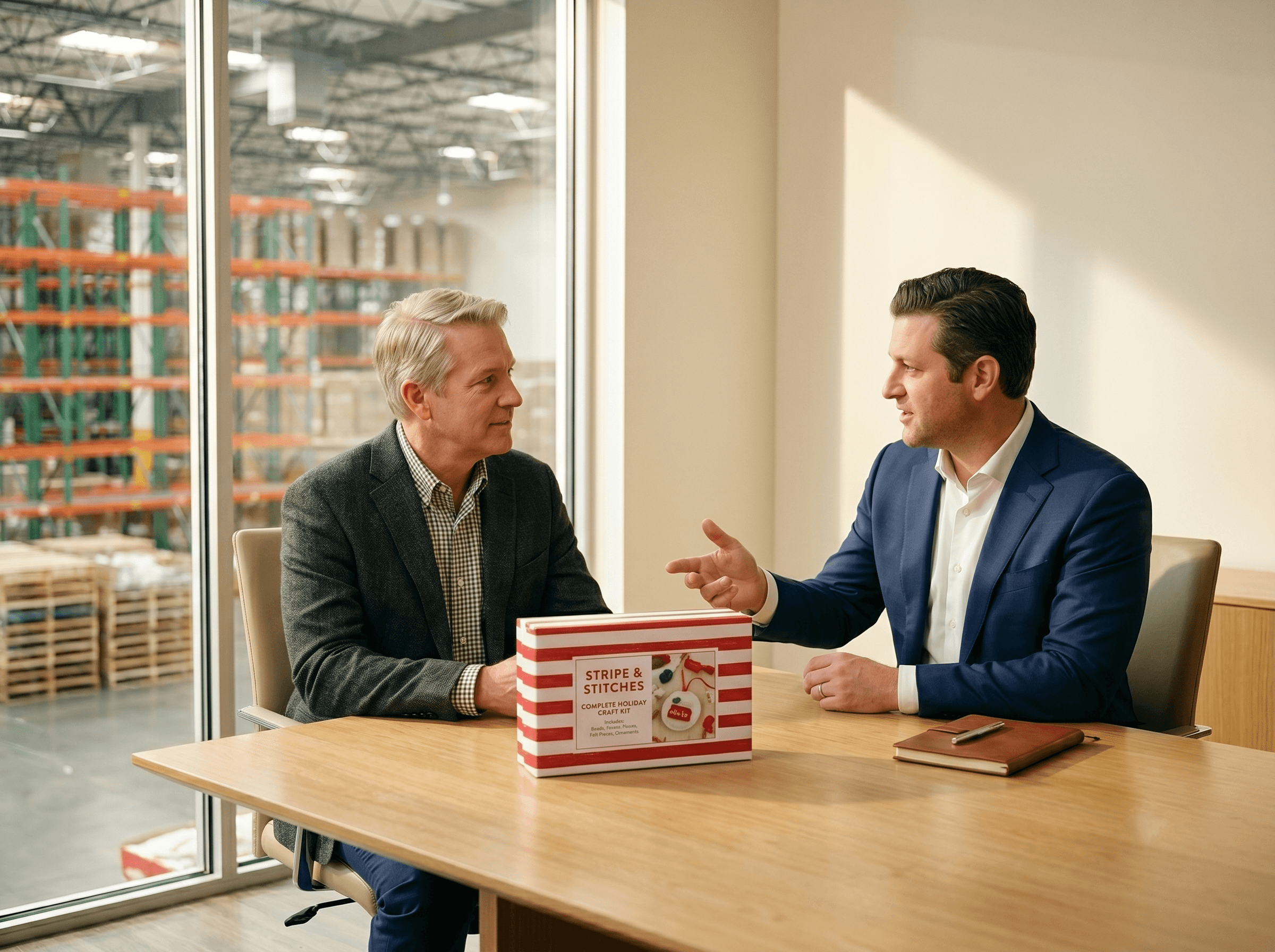 Two A1 partners reviewing a sample gift set with the warehouse visible through glass